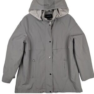 London Fog Hood Rain Jacket Gray L Lightweight Zip Snap Close Pockets Drawstring